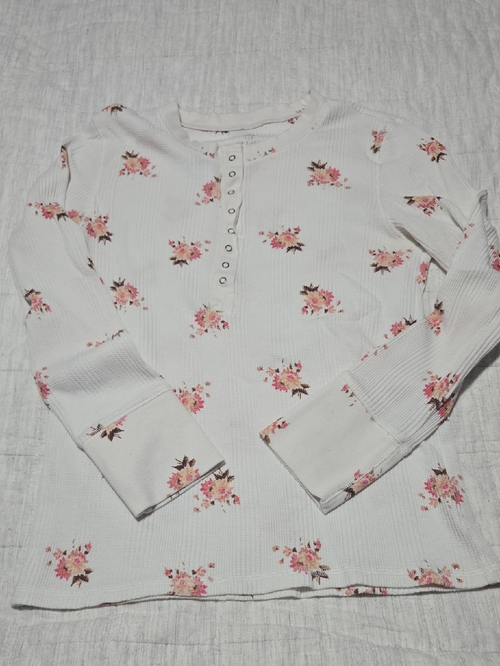 aerie White Thermal Henley with Pink Floral Accent